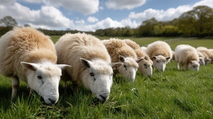Obraz premium Sheep enjoy fresh green grass on an English farm field beneath a clear blue sky and fluffy white clouds during springtime