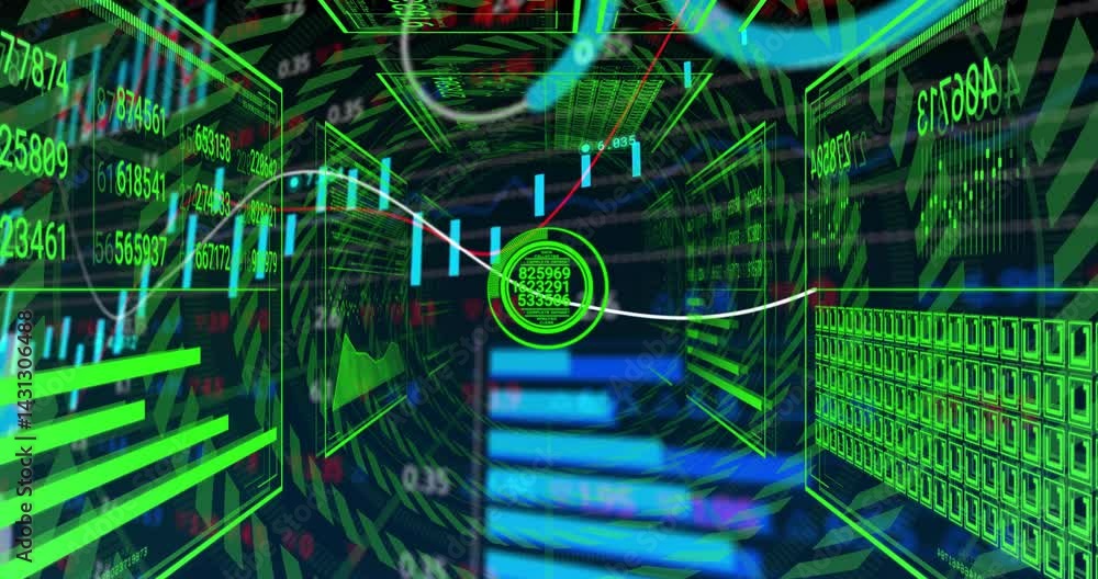 Poster central data interface streaming holographic financial charts and data panels in tunnel view