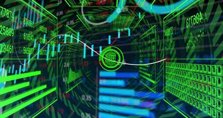 Central data interface streaming holographic financial charts and data panels in tunnel view - Powered by Adobe