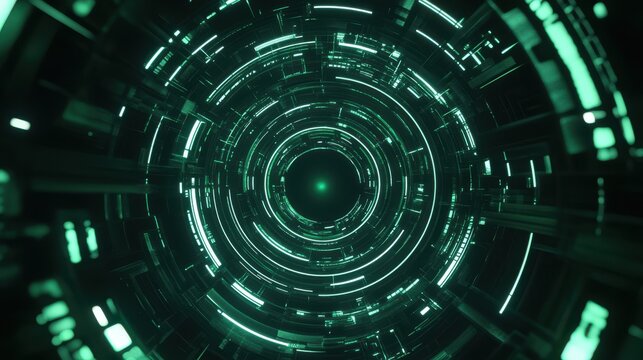 A stunning image of mesmerizing green circular line pattern rotating on a black background.