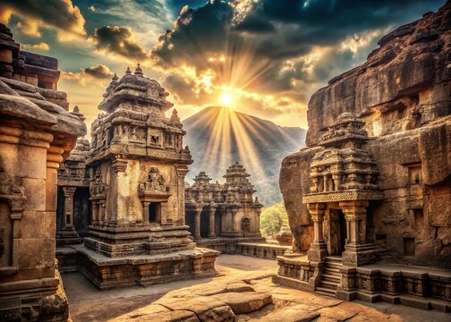 Vintage Ellora Caves: Sunlit Megalithic Structures & Ancient Stone Monuments