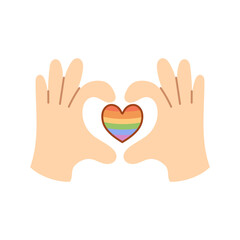 LGBT pride hands forming heart with rainbow flag inside symbol
