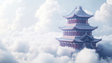 Fototapeta premium A multi-tiered Asian-style pagoda floats amidst a sea of clouds
