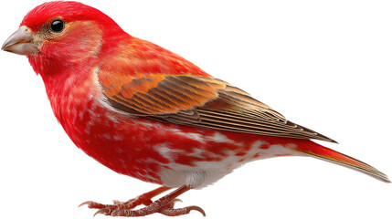 Scarlet Serenade: A vibrant scarlet finch with crimson plumage and an orange tint perches gracefully, capturing a moment of avian elegance in this studio portrait. 