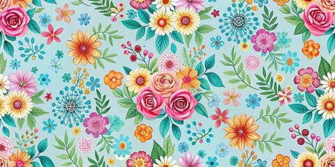 Colorful floral design in a seamless repeating pattern on a light blue background