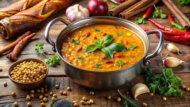 Aromatic spices and lentils simmering in a rich Guyanese dhal broth, traditional, pot,  traditional, pot, Guyana