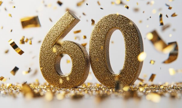 Glittering Golden Number Sixty Surrounded by Colorful Confetti