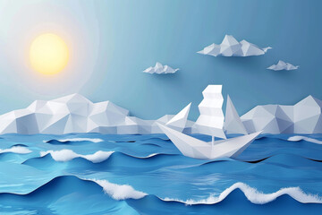Artistic paper sailboat floats on blue ocean waves under bright sunshine and clouds.