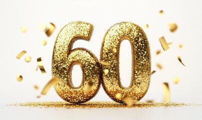 Golden Glittery Number Sixty with Confetti for Celebration Themes