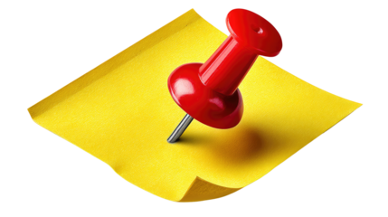 Red Push Pin on Yellow Note: A vibrant red push pin secures a folded yellow note, suggesting a reminder, important message, or a pinned idea.  