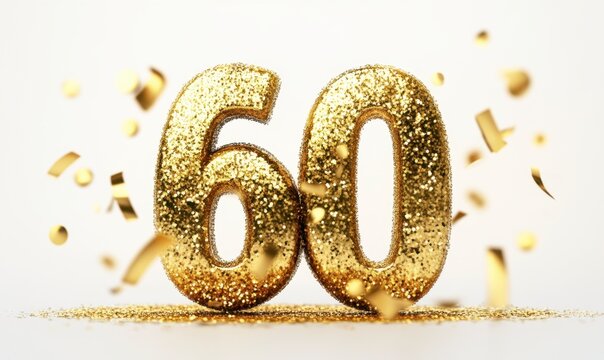 Golden Glittery Number Sixty with Confetti for Celebration Themes