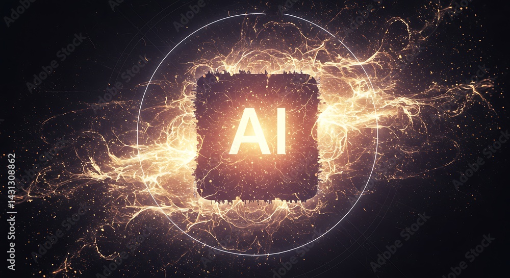 Poster ai energy cube with glowing particles. abstract digital art concept showing power and innovation