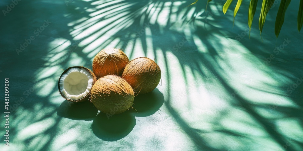 Poster a stunning image of fresh coconuts rest on a green surface, with tropical leaf shadows adding a summ