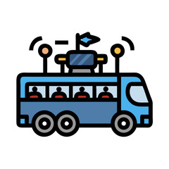 Blue Trolleybus Icon with Passengers and Overhead Lines on Black Background