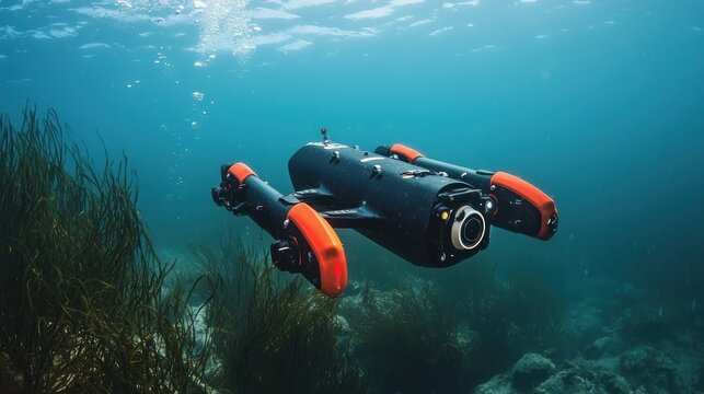 An advanced AI-powered underwater drone studying marine life in vivid detail.