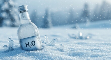 Frosted glass bottle labeled H2O nestled in snow and ice crystals. The bottle, capped in silver, is partially covered in frost, set against a backdrop of snow covered trees.