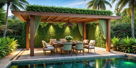 poolside cabana with lush greenery, island vibe, poolside dining table and chairs
