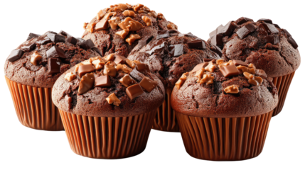 Chocolate Muffin Delight: A close-up captures the indulgence of freshly baked chocolate muffins. These delightful treats, topped with chocolate chunks, invite a moment of pure pleasure.