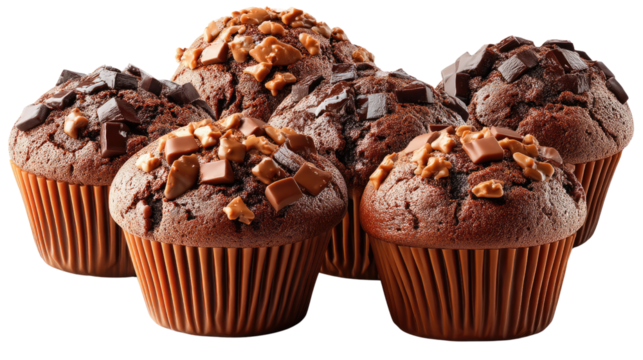 Chocolate Muffin Delight: A close-up captures the indulgence of freshly baked chocolate muffins. These delightful treats, topped with chocolate chunks, invite a moment of pure pleasure.