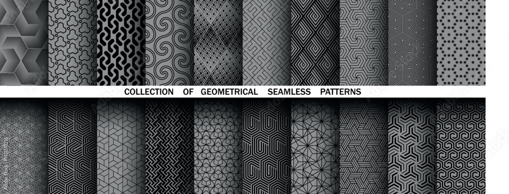 Fototapete Geometric set of seamless black and gray patterns. Simple vector graphics