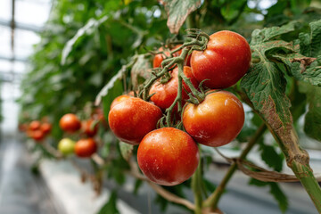 Tomatoes growing in a greenhouse, basking in sunlight with lush green leaves and vibrant red fruits. A scene of thriving plant life in a controlled environment.