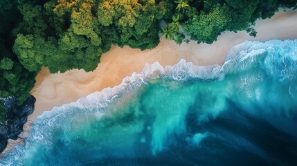 A beautiful blue ocean with a sandy beach and trees in the background. The water is calm and the sky is clear