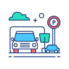 Fototapeta premium Colorful Illustration of Car Parking with Parking Sign and Cloud