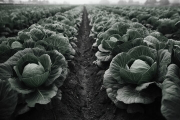 Obraz premium Field of cabbages shrouded in thick fog, creating a mystical and serene atmosphere.