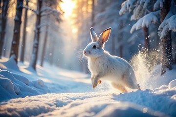 White Rabbit in Snowy Forest - Winter Wonderland Animal Scene