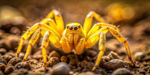 Yellow Spider on Ground - Close-Up Macro Shot