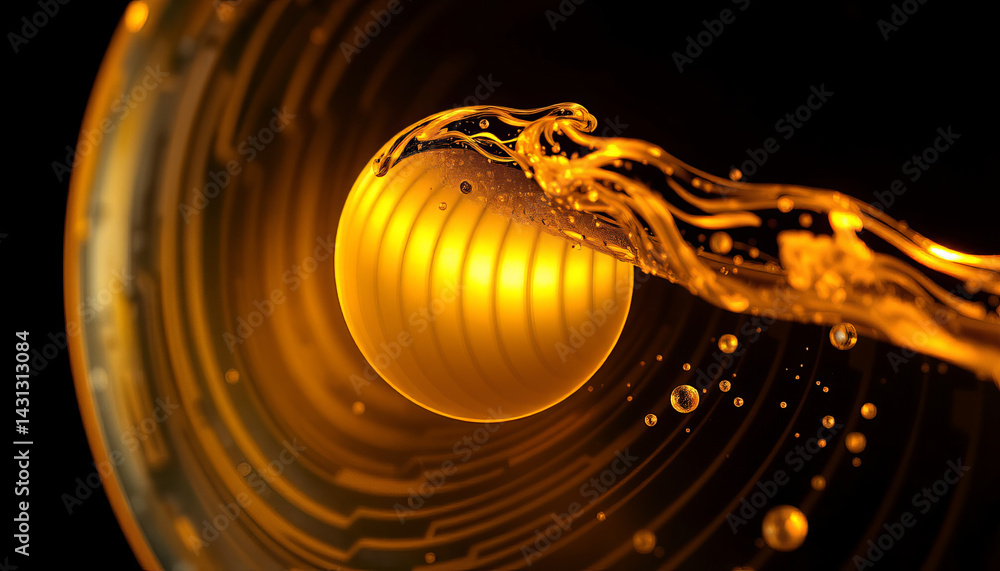 Poster golden sphere with flowing liquid creates mesmerizing visual effect in dark background