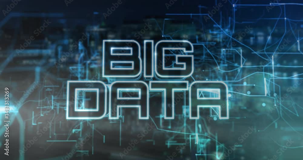 Poster big data text glowing in neon outline, with floating circuit lines and nodes in 3d render