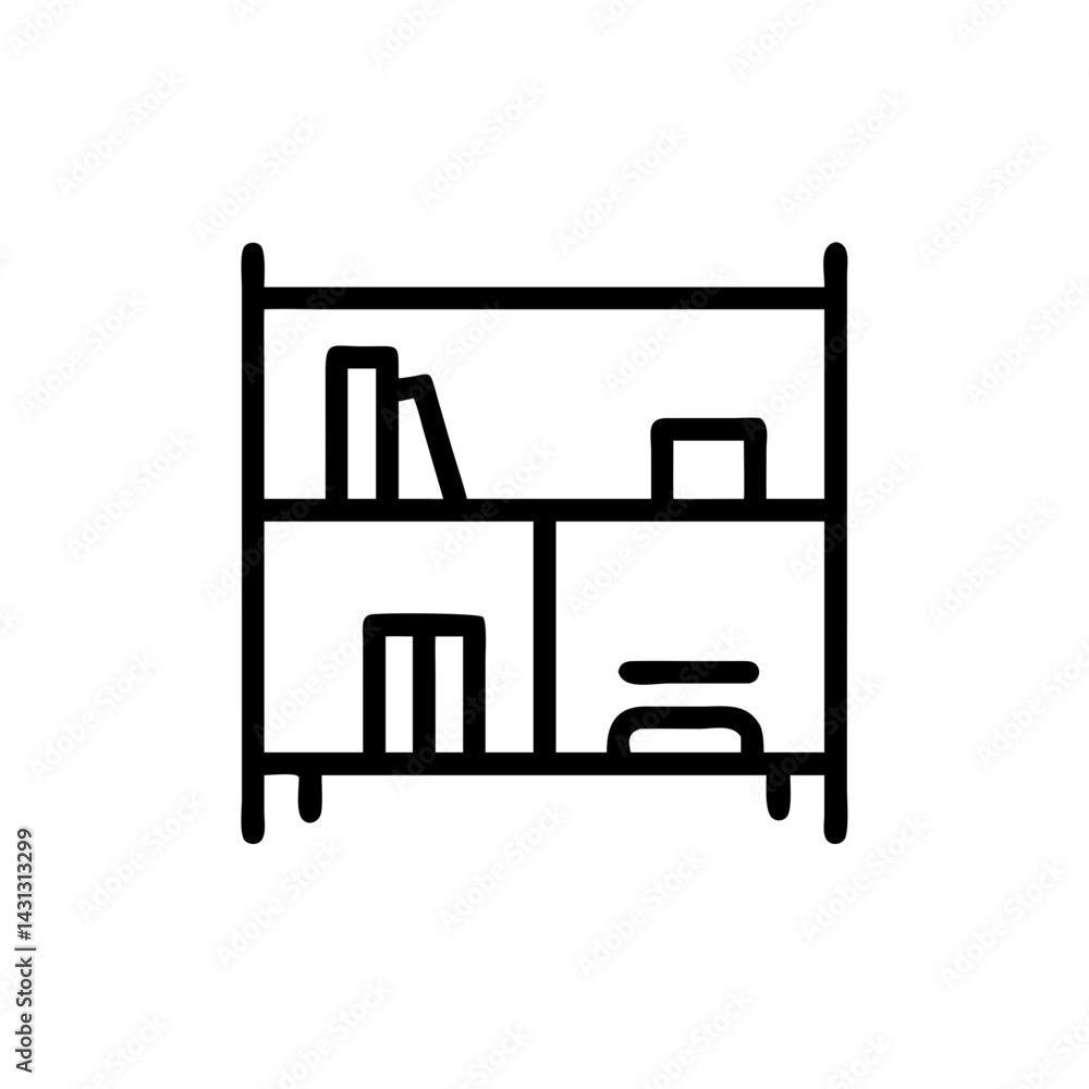 Poster illustration of a simple bookshelf with several books placed on the shelves in a minimalist style