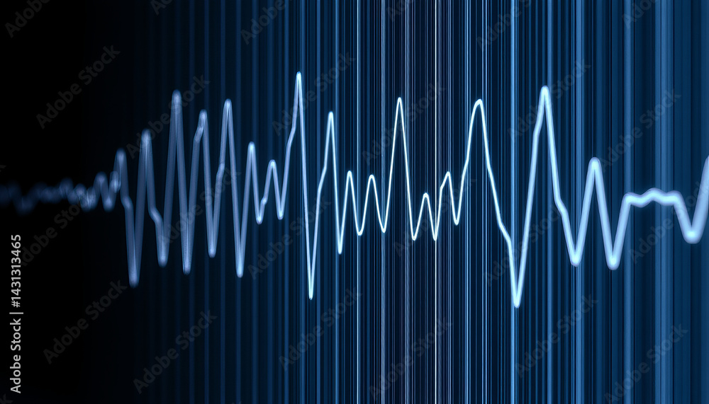 Poster digital sound wave visualization with blue lines and dark background, representing audio signals