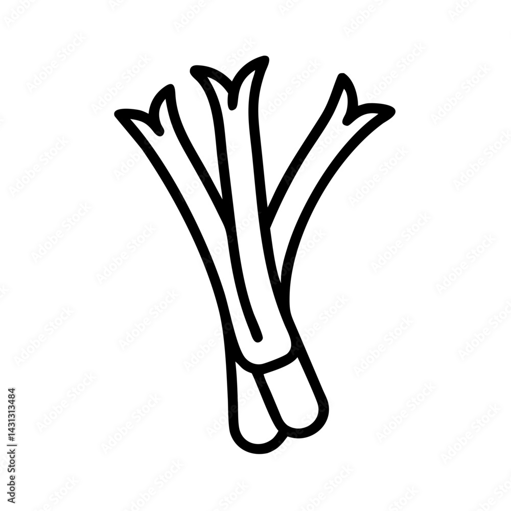 Poster illustration of three leek stalks with dark outline on a white background in a simple and minimal st