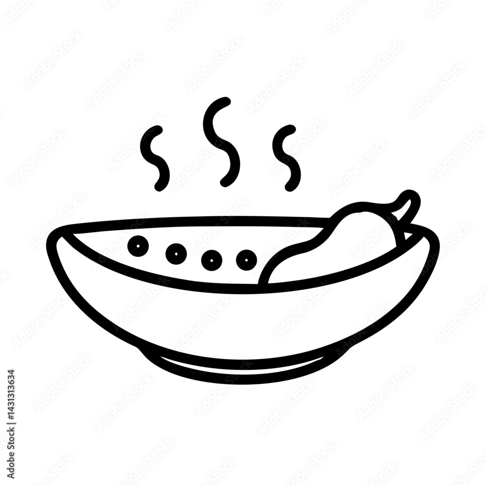Aufkleber bowl of soup with visible steam and a pear like fruit in it in a simple black outline vector art
