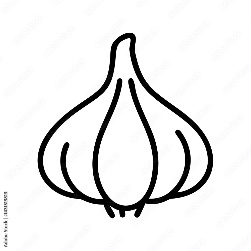Poster simple line drawing of a garlic bulb with distinct cloves and a pointed top on a white background