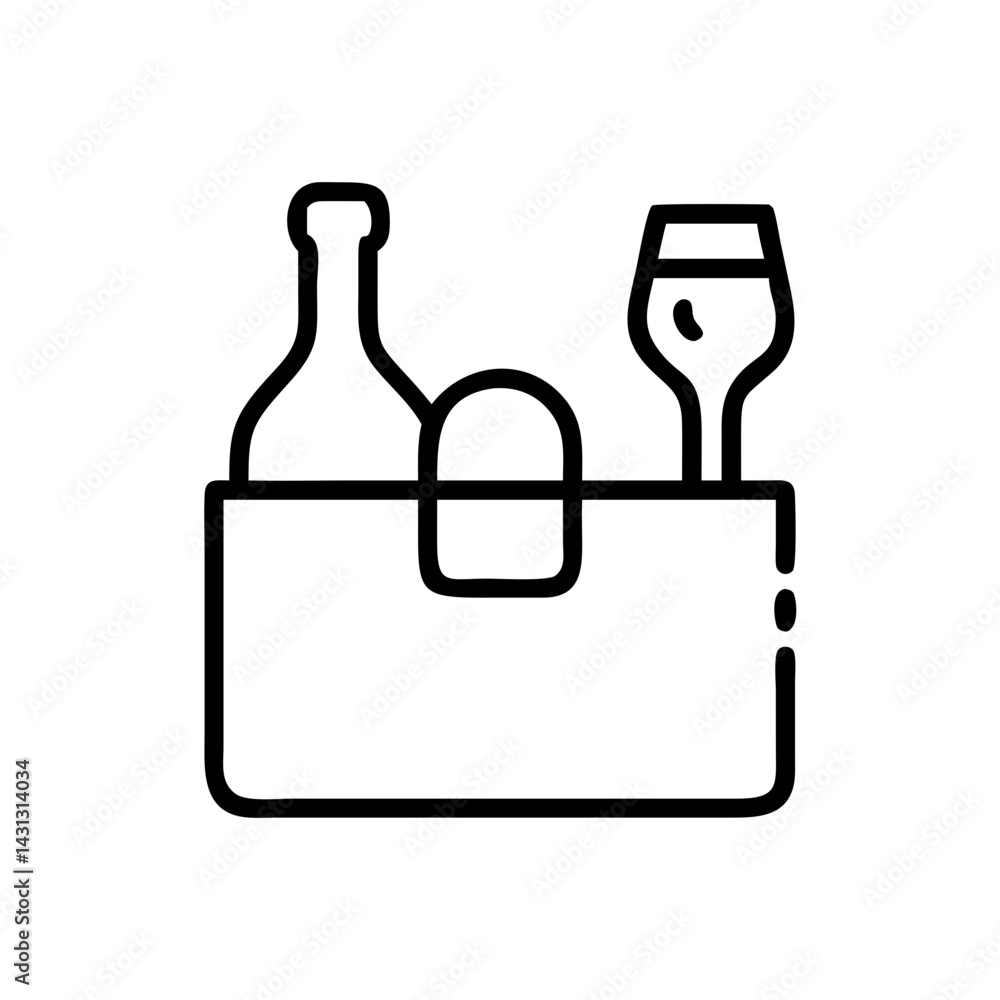 Poster outline drawing of a wine bottle and glass inside a carrier with a handle on a white background spac