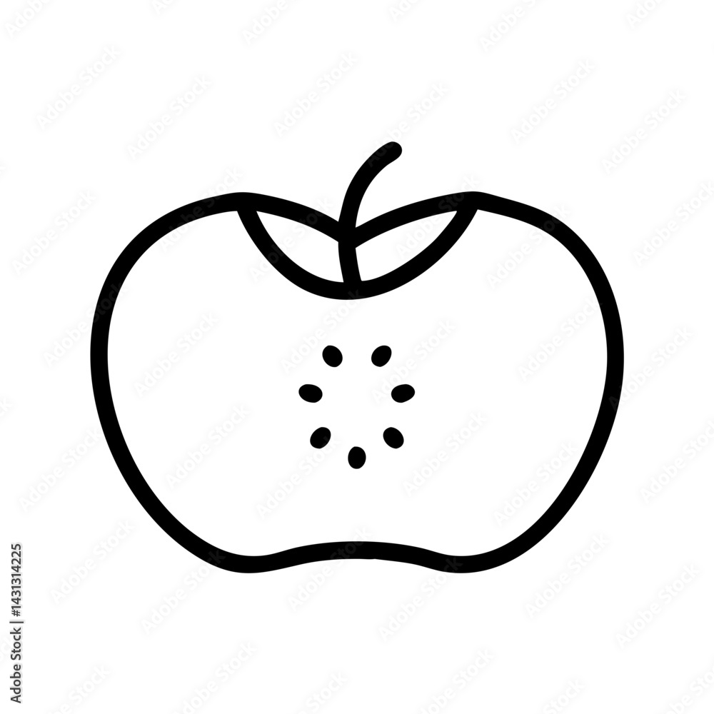 Poster outline drawing of an apple with a stem and leaves and seed core shown with small dots inside fruit