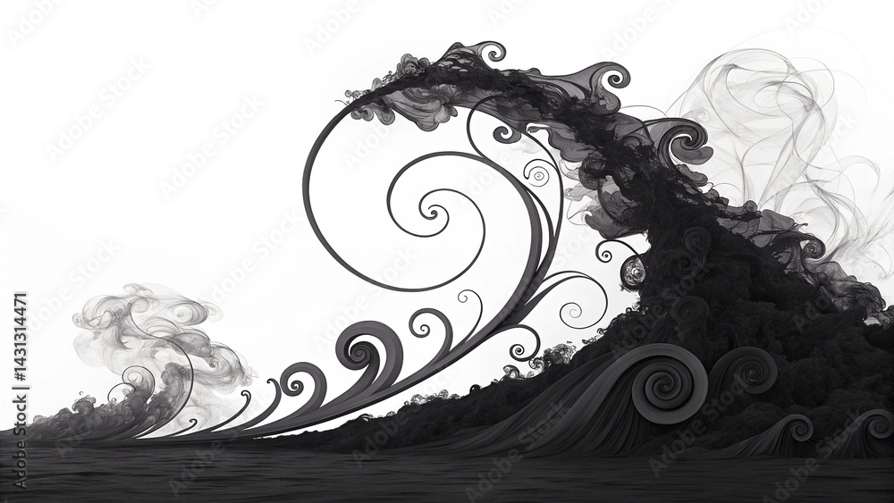 Poster mesmerizing abstract smoke swirl with intricate black and white patterns, creating dynamic wave like