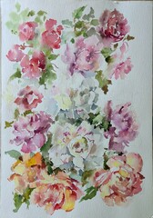 Abstract bright colored decorative background . Floral pattern handmade . Beautiful tender romantic bouquet of rose flowers , made in the technique of watercolors from nature.