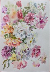 Abstract bright colored decorative background . Floral pattern handmade . Beautiful tender romantic bouquet of rose flowers , made in the technique of watercolors from nature.