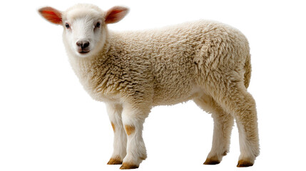 Fototapeta premium Adorable Lamb: A fluffy lamb with soft, creamy wool stands against a white background. Its innocent gaze and gentle demeanor capture a sense of purity and tranquility.