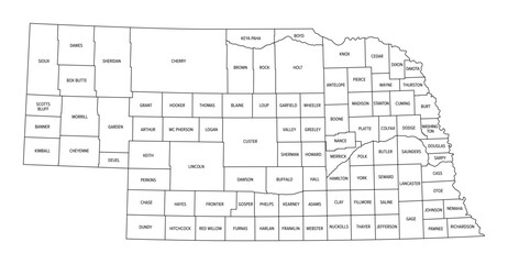 State of Nebraska, subdivided into 93 counties, outline map. Triply landlocked state in the Midwestern region of the United States, nicknamed The Cornhusker State. Map with county borders and names.