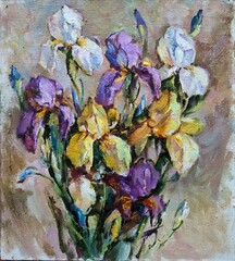 Abstract bright colored decorative background . Floral pattern handmade . Beautiful tender romantic bouquet of iris flowers , made in oil painting technique   from nature..