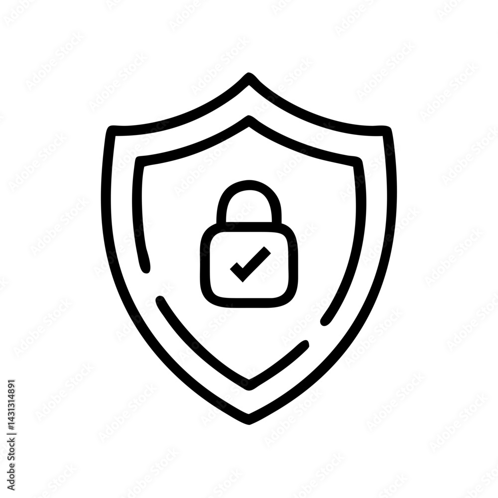 Poster outline of a shield containing a padlock with a checkmark inside it