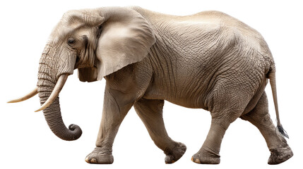 Fototapeta premium Majestic African Elephant in Motion: An iconic African elephant strides confidently, its massive frame and distinctive features vividly portrayed against a neutral backdrop.