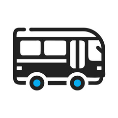 Dark Gray Bus Vector Icon on Black Background with Blue Wheels