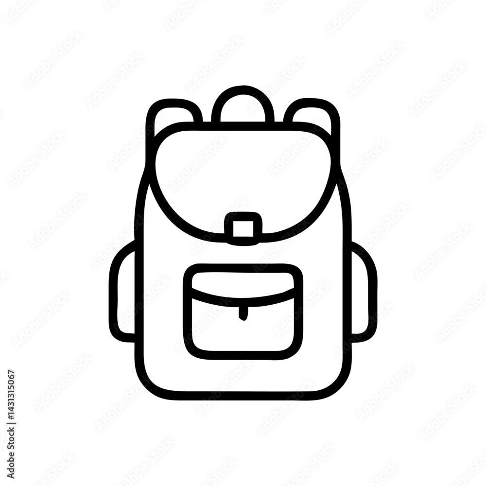 Poster simple line drawing of a backpack with a flap closure and a small front pocket in black outline styl
