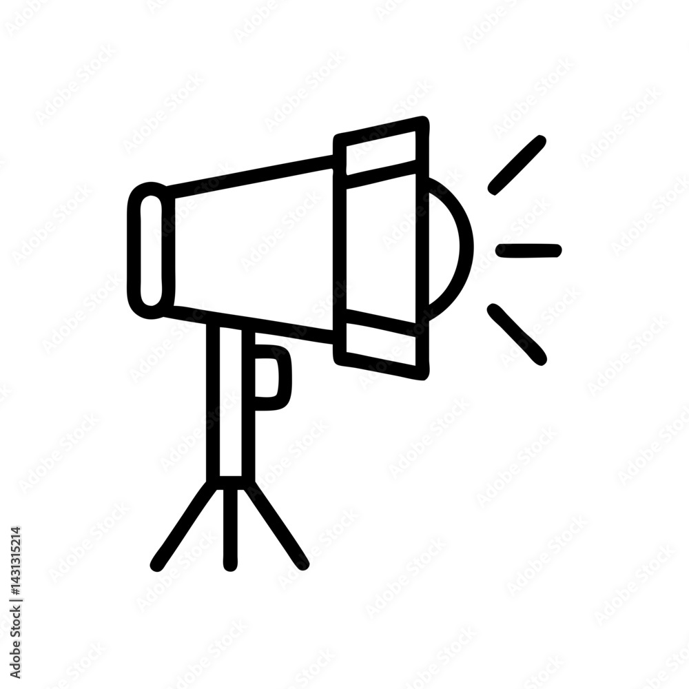 Poster illustration of a studio light with a tripod stand and visible light rays emanating from the bulb